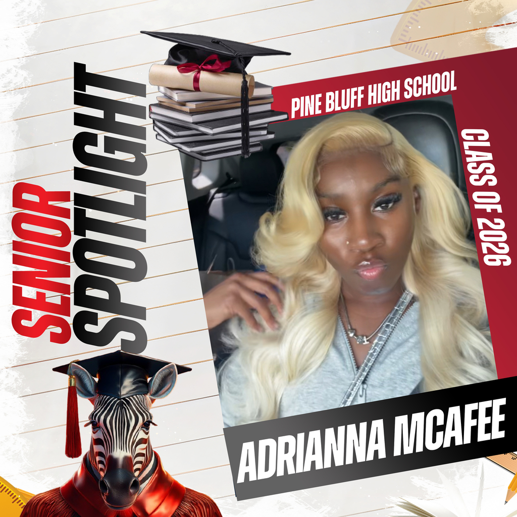 A collage of images shows a student wearing a cap and gown, books, and a zebra. It highlights "Senior Spotlight" and "Adrianna McAfee" with a background of a school emblem.
