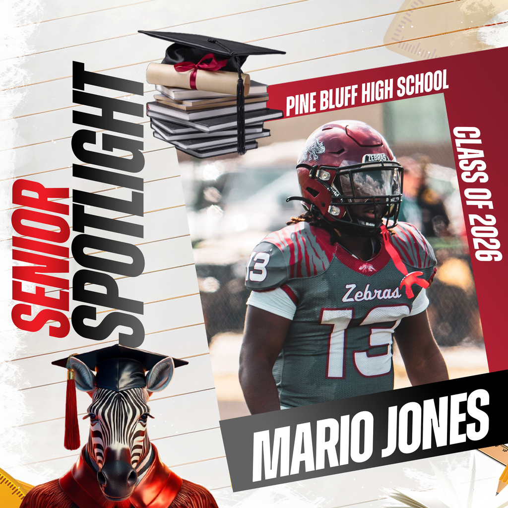 An advertisement for Pine Bluff High School's Class of 2026. It features a football player, Mario Jones, wearing a helmet and jersey.