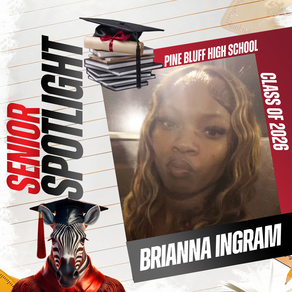 A school spotlight graphic features a woman, Brianna Ingram, with a graduation cap, books, and a zebra head.