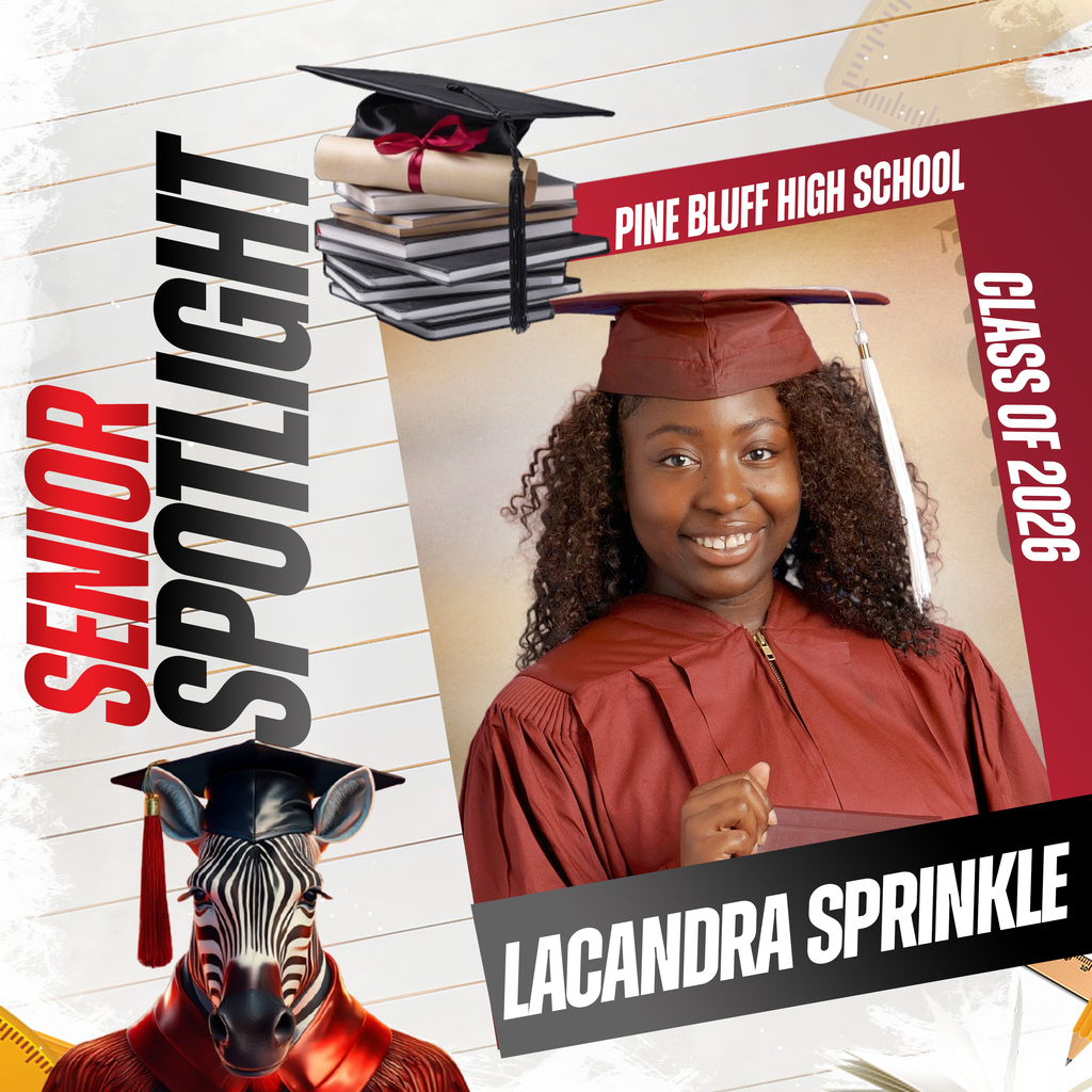 An academic poster highlights a student with a graduation cap and gown. It includes text: "Senior Spotlight Class of 2025" and "Lacandra Sprinkle".