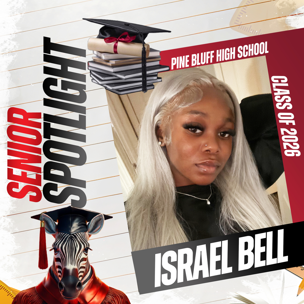 A design features Israel Bell, a senior at Pine Bluff High School for the class of 2026, with a graduation cap and books in the background.