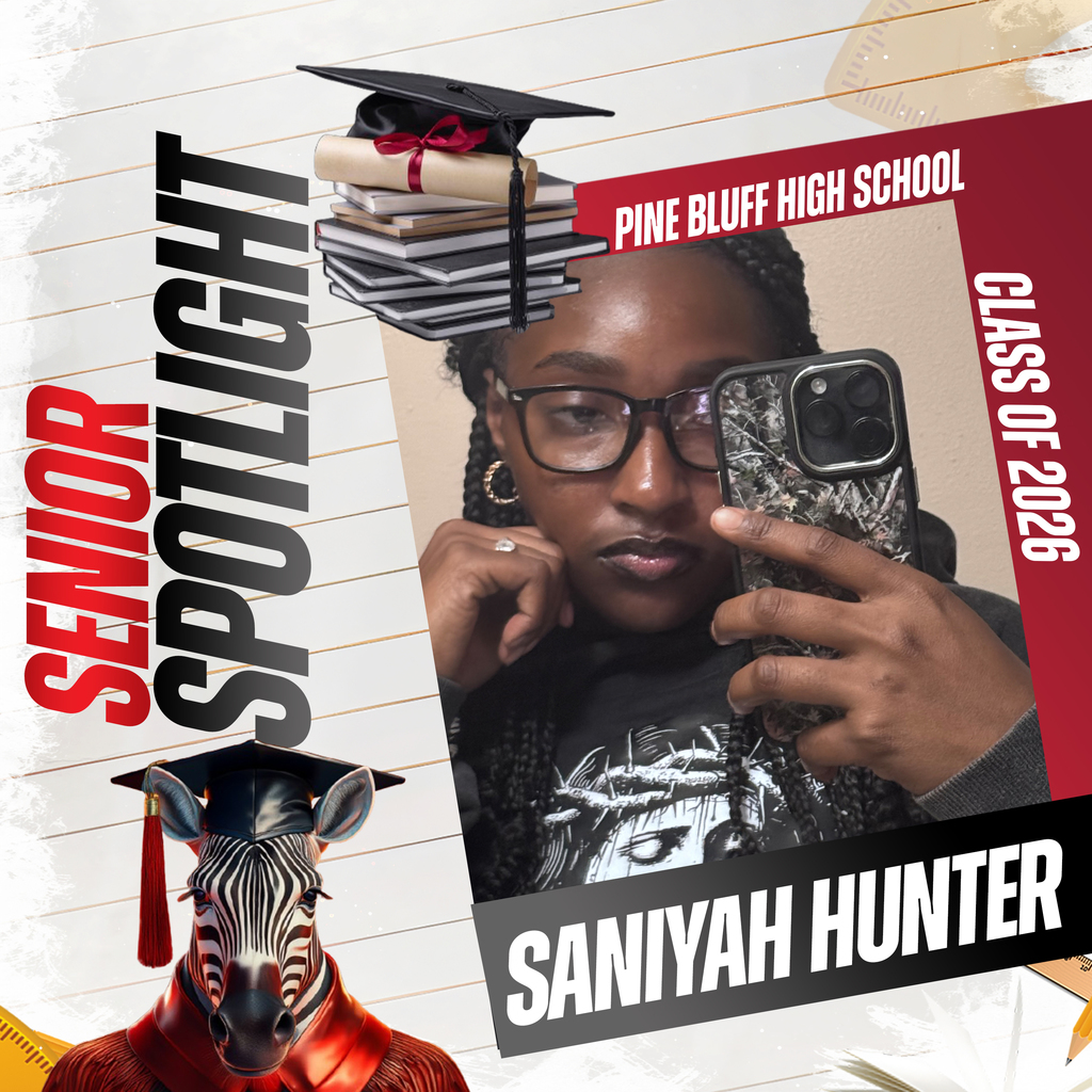 A graduation cap, books, and a zebra in a cap promote the "Senior Spotlight" for 2020. Saniyah Hunter holds a phone, taking a selfie.