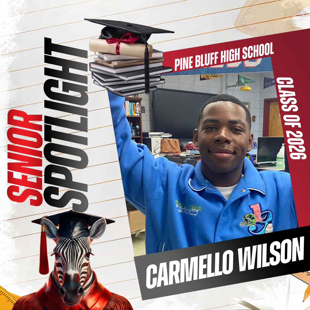 A collage includes a smiling student in a blue shirt, cap, and books. Text reads "Senior Spotlight" and "Carmello Wilson."