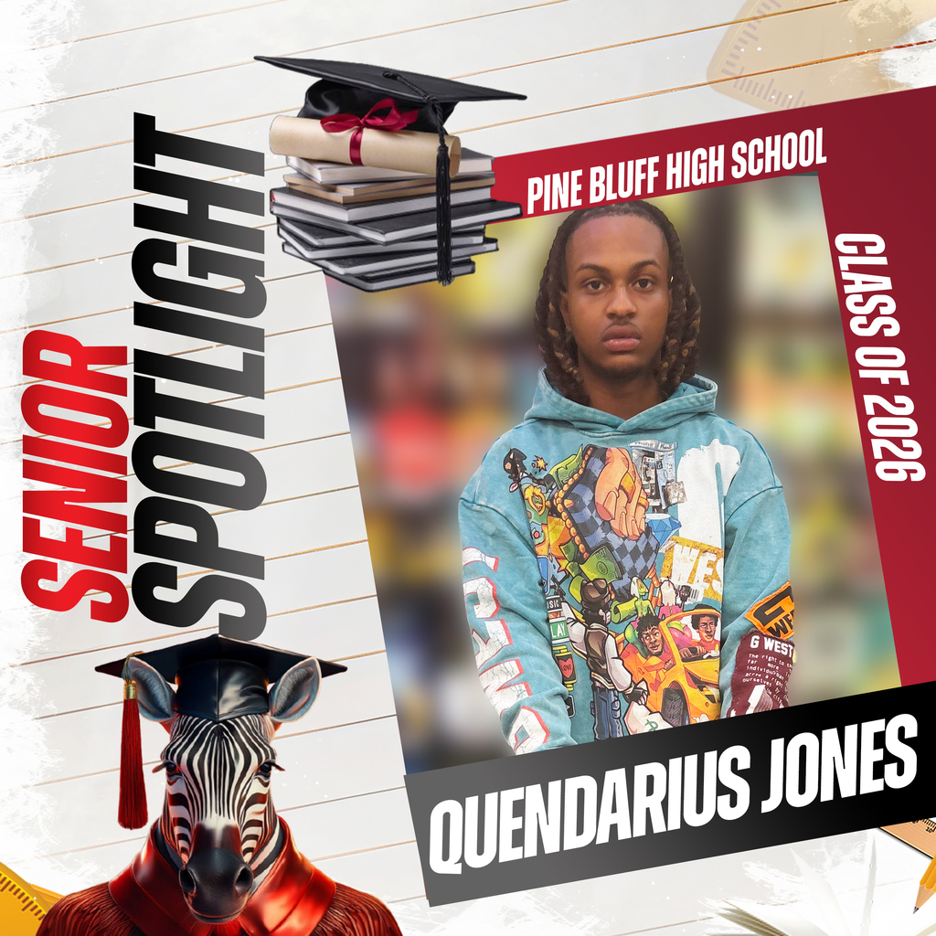 Graduation cap, books, and tassel above a photo of a person wearing a blue hoodie. Name and "Senior Spotlight" text.