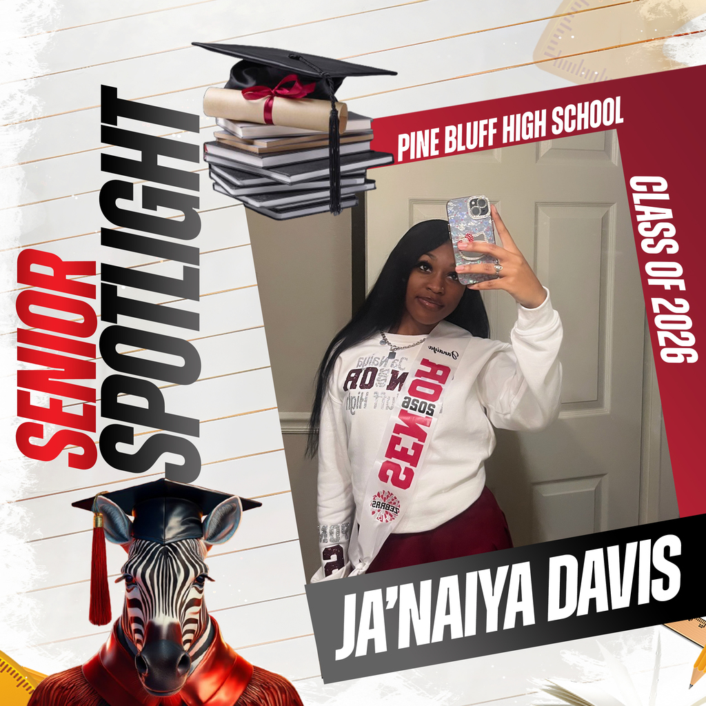 A poster shows a student named Ja'Naiya Davis, dressed in a graduation gown, with text "Senior Spotlight Class of 2020"