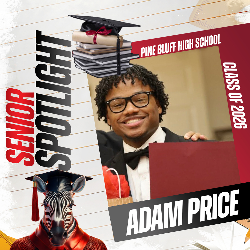 A collage features a smiling male student, Adam Price, in a cap and gown. Background includes a zebra in a graduation gown and books.