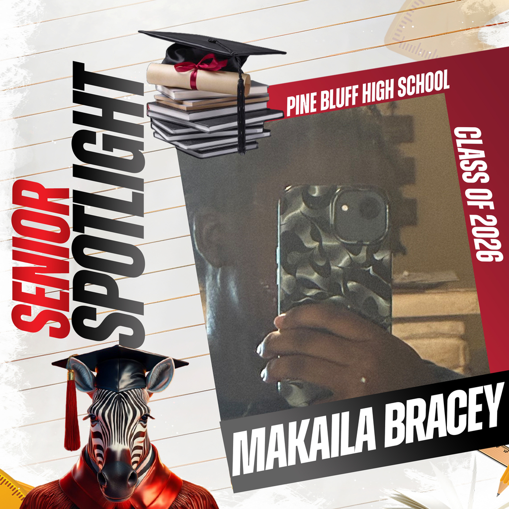 An ad for a senior spotlight, featuring a picture of a person holding a phone and wearing a graduation cap.