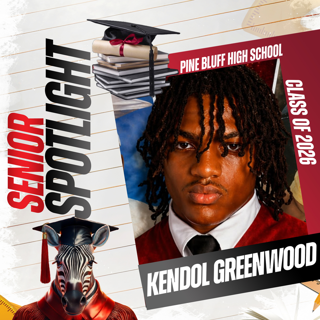 A collage featuring Kendol Greenwood, in a graduation gown, and a zebra in a cap, with "Senior Spotlight" and "Pine Bluff High School."