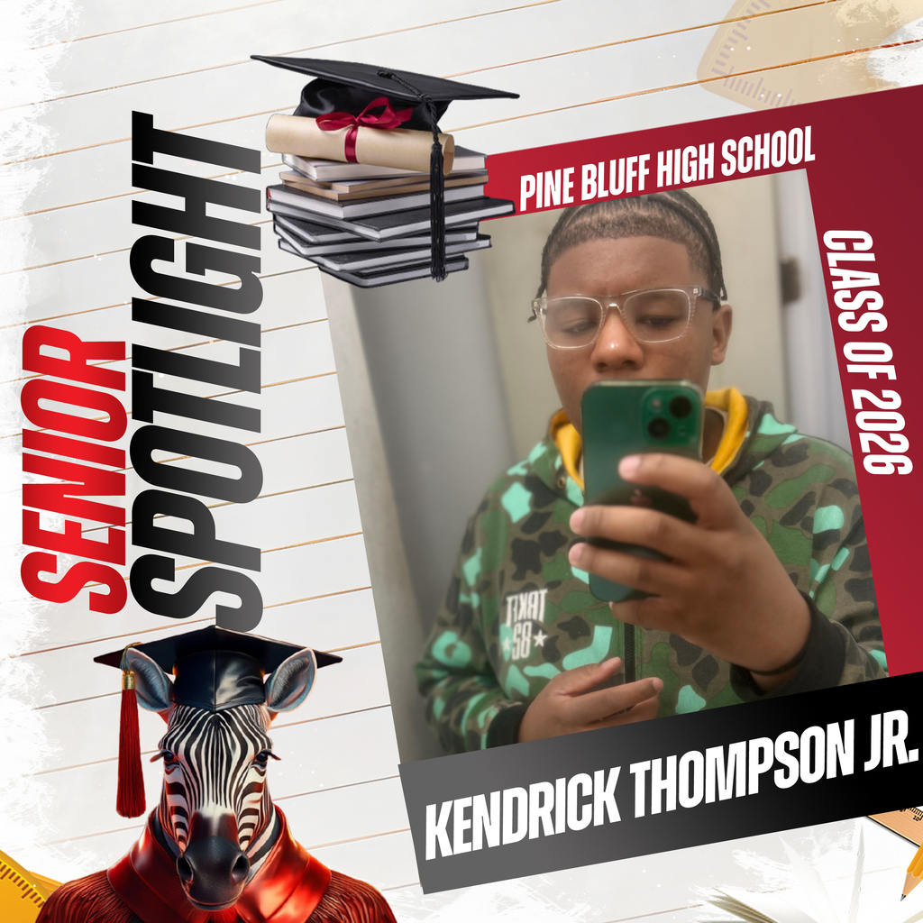 A red backdrop features a collage with a student, glasses, and a graduation cap. It reads "Senior Spotlight."