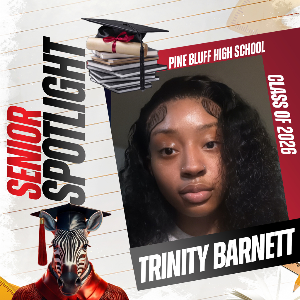 A graphic shows a student named Trinity Barnett with a graduation cap and books. The graphic is titled "Senior Spotlight" for Pine Bluff High School.