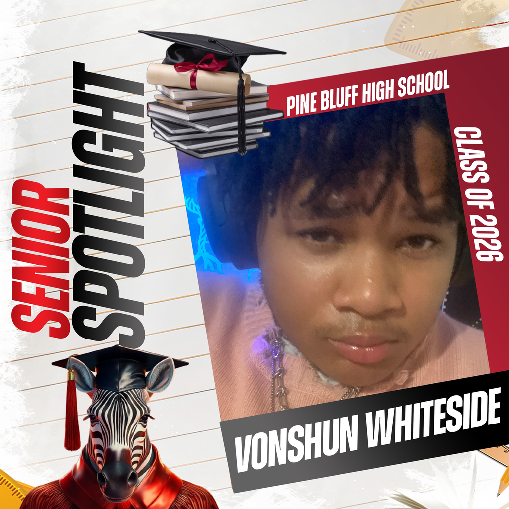Graphic with person, cap, books, and text: "SENIOR SPOTLIGHT Vonshun Whiteside CLASS OF 2020".
