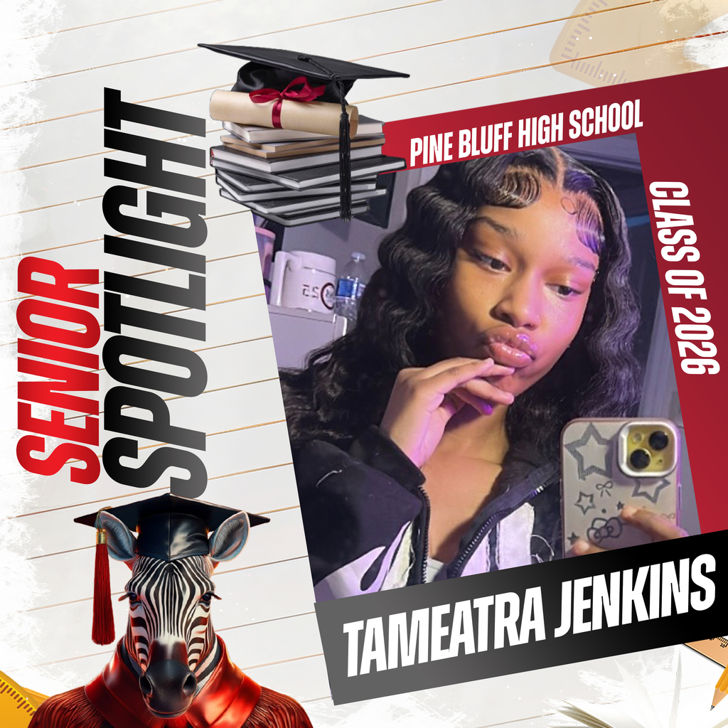 Senior spotlight for Pine Bluff High School Class of 2026 featuring Tametra Jenkins, with graduation cap, books, and smartphone.