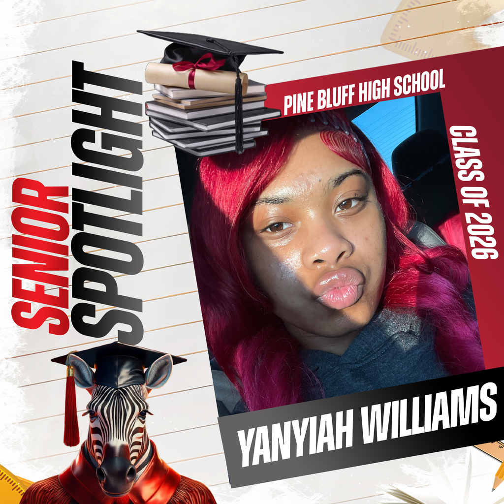 A school announcement with a photo of Yaniyah Williams, pink hair, and a graduation cap.