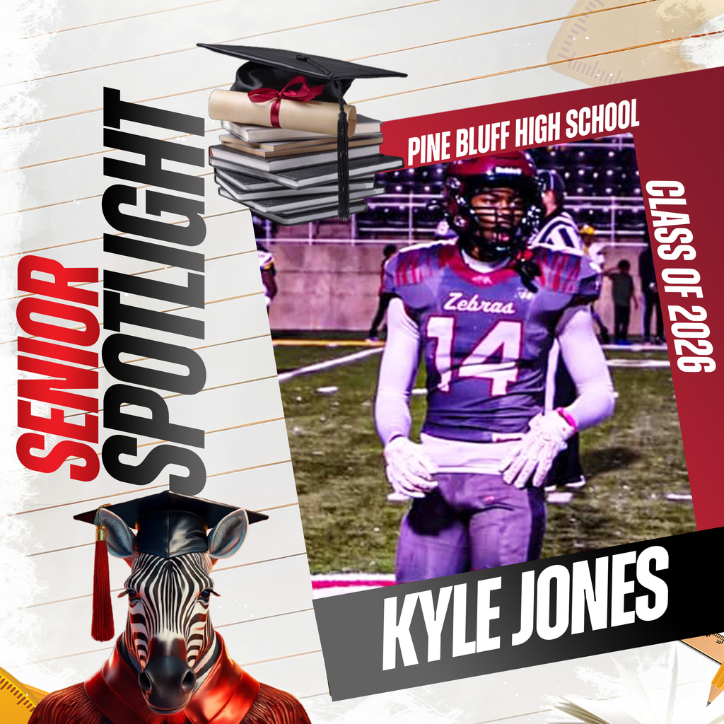 A graphic shows Kyle Jones, a football player in a purple uniform, with the text "Senior Spotlight" and "Pine Bluff High School Class of 2020".