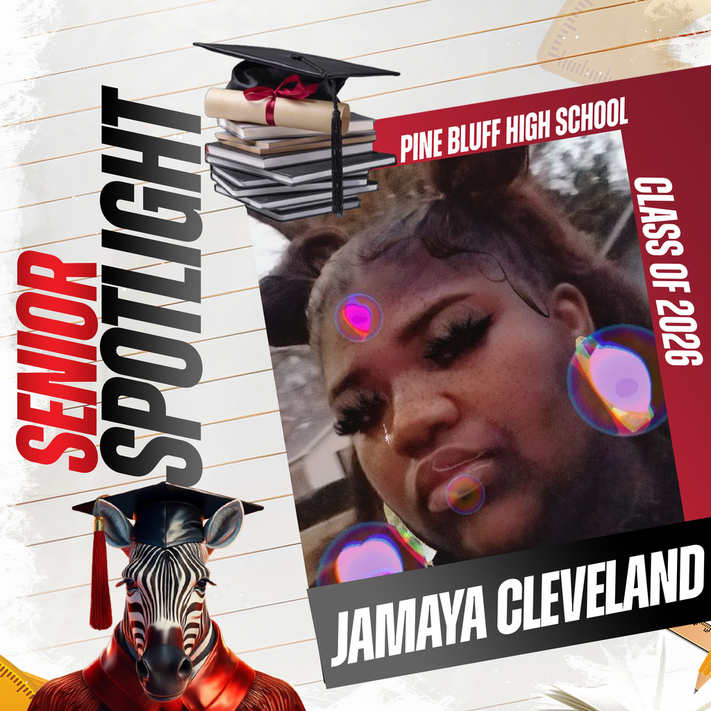 An announcement for the Pine Bluff High School senior class of 2026. It features an image of a smiling student and a zebra in a graduation cap.