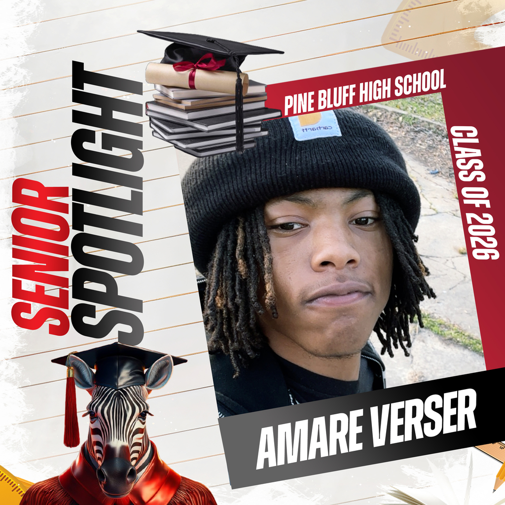 Poster with a person's photo. They wear a black hat and black shirt. The poster reads "Senior Spotlight" and "Pine Bluff High School."