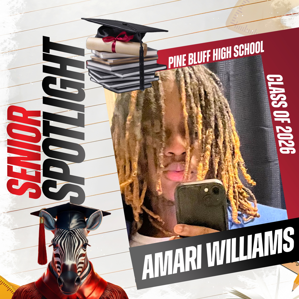 A student in a graduation cap and gown holds a phone; text reads "Senior Spotlight: Amari Williams, Class of 2020."
