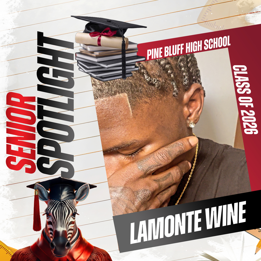 A school poster highlights Lamonte Wine, the Senior Spotlight for 2020, showing a photo of him with a graduation cap.
