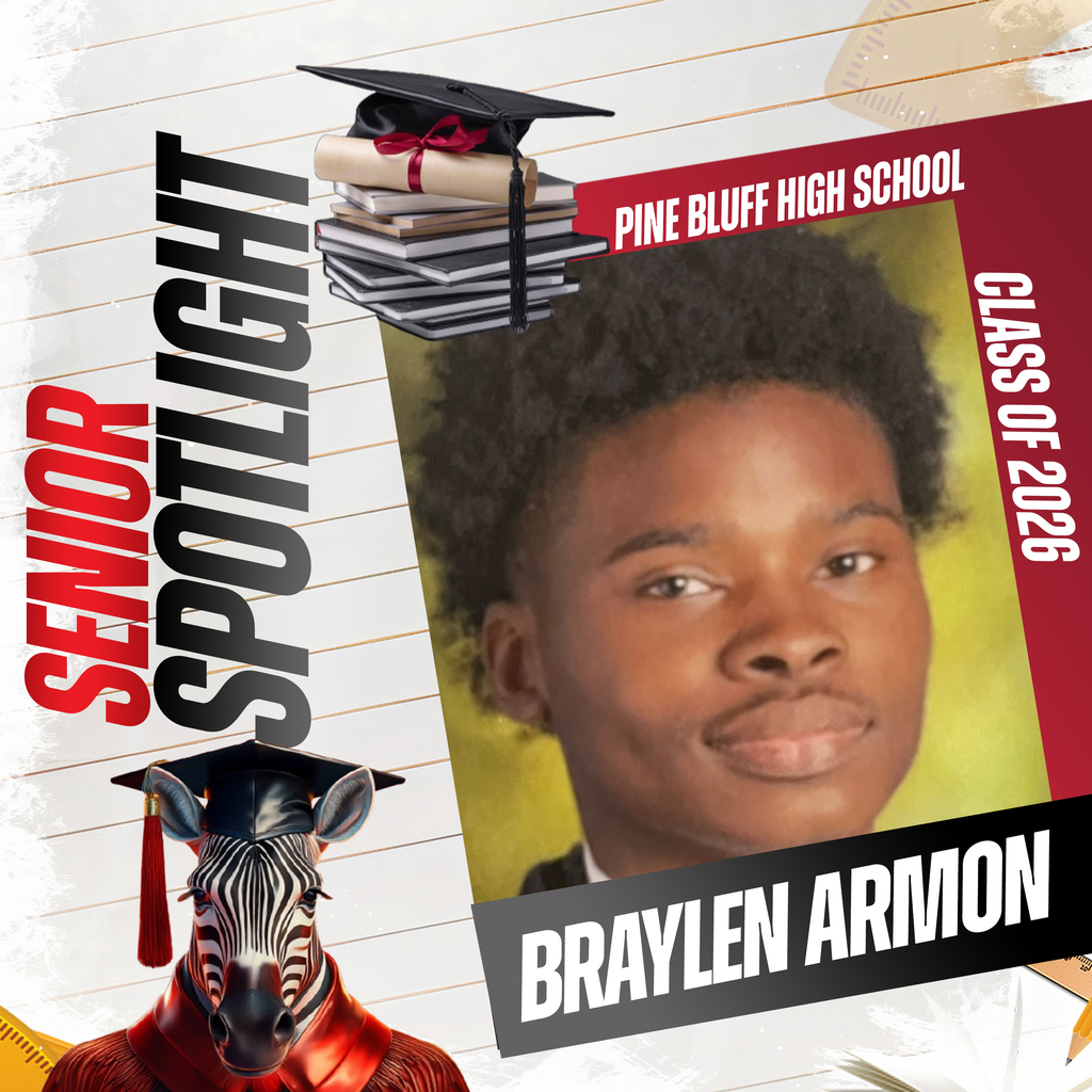 Senior Spotlight: Braylen Armon. Photo of young man with graduation cap. Background includes books, pencil.