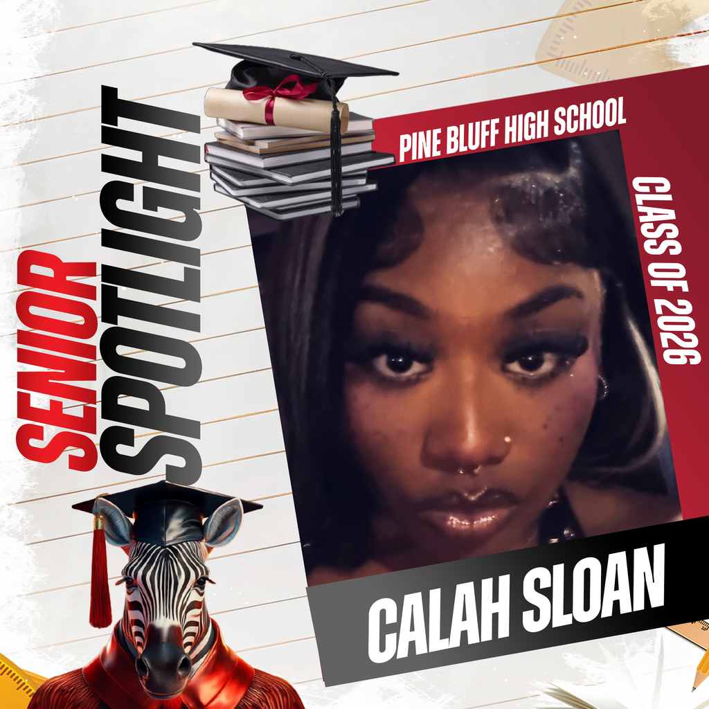 A poster shows a woman, Calah Sloan, with makeup, and a graduation cap and gown.