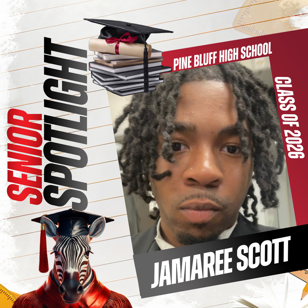 A collage with a red background features a student, Jamaree Scott, with a graduation cap and tassel.