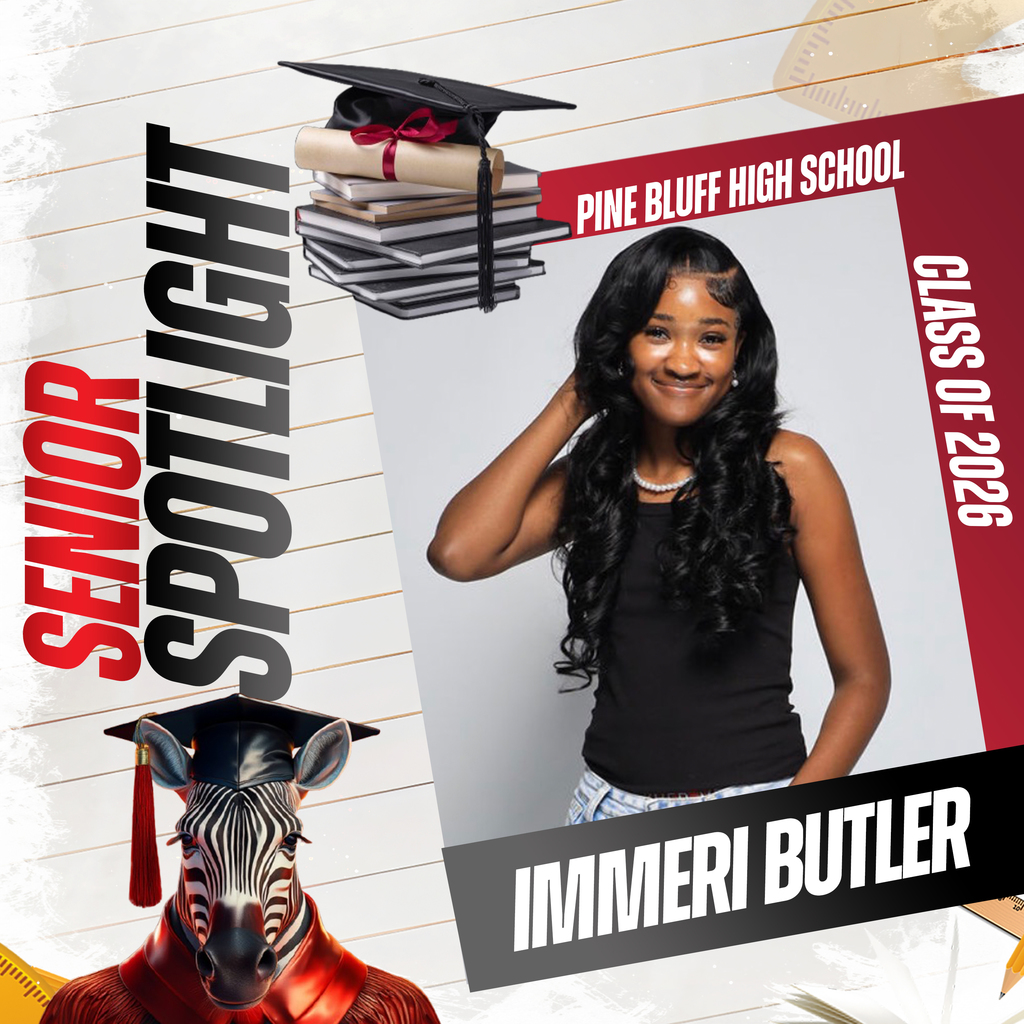 Senior spotlight for Immeri Butler of Pine Bluff High School. Photo of woman with black hair and black top.
