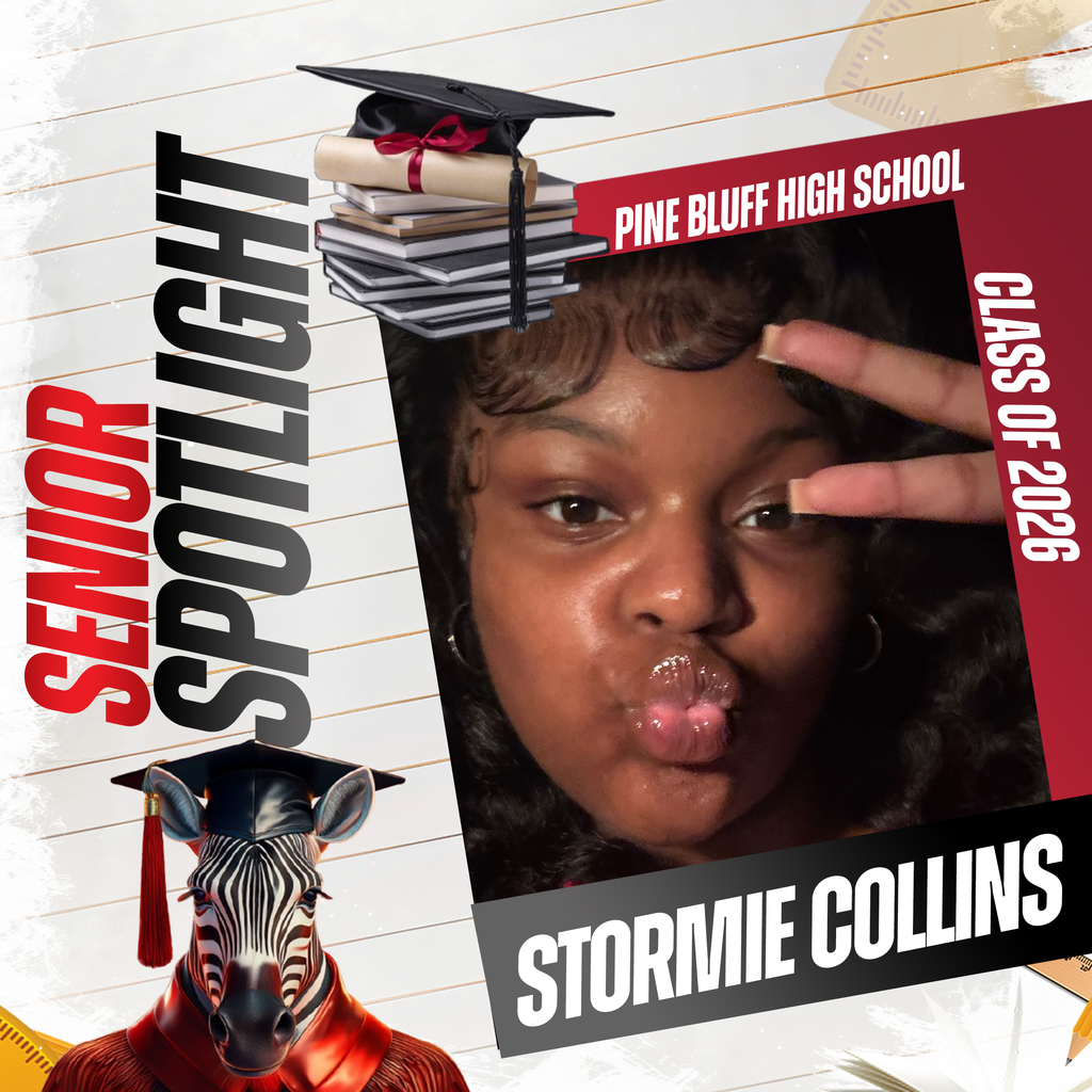 Graphic design with red background. A photo of Stormie Collins, with black graduation gown and hat.