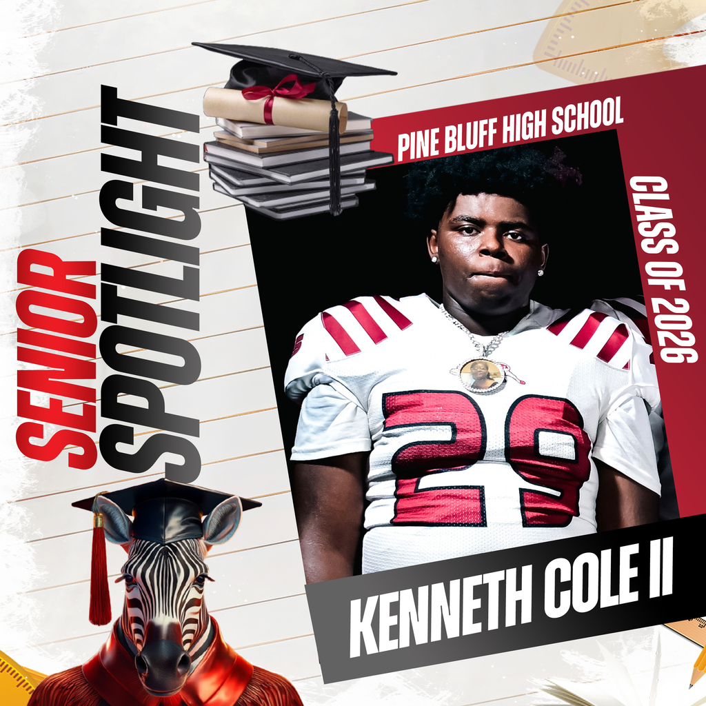 A graphic with a photo of a student in a football jersey. Name and school: Kenneth Cole II, Pine Bluff High School.