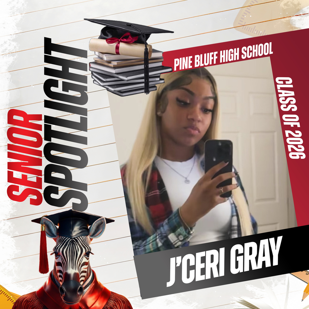 A collage with a woman, a graduation cap, and a zebra in a cap. Text reads "J'ceri Gray" and "Senior Spotlight".
