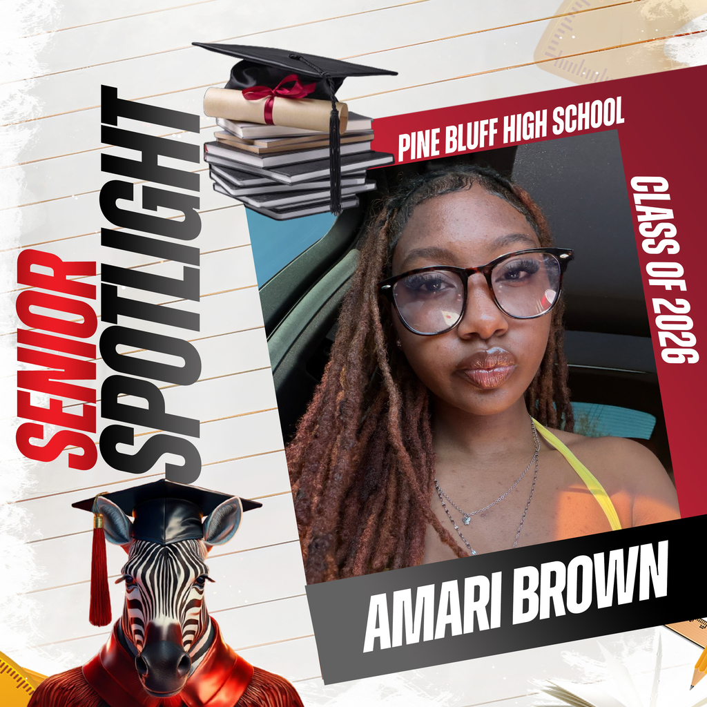 A graduation cap, books, and a zebra in a red gown. Amari Brown is a senior spotlight.