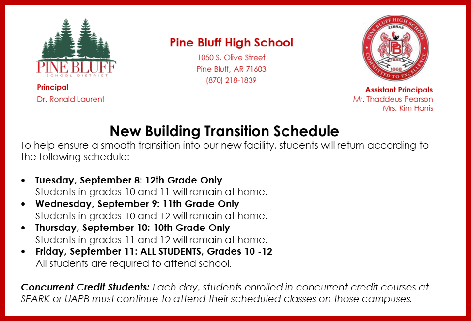 transition schedule for PBHS Students