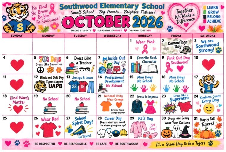 A calendar for October 2026 with a school theme. Each date features a different icon, like hearts, books, and tigers.