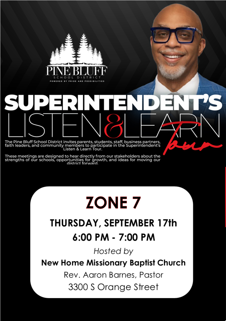 Poster with a man in glasses and suit smiling. Text reads "Superintendent's Listen & Learn Town." It states the time, location, and host's name.