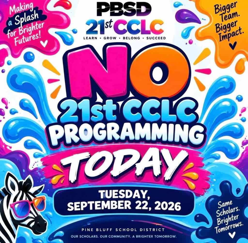 Bright, multicolored poster featuring a zebra wearing sunglasses. Text reads: "PBSD 21st CCLC Programming Today" with event date: "Tuesday, September 22, 2026."