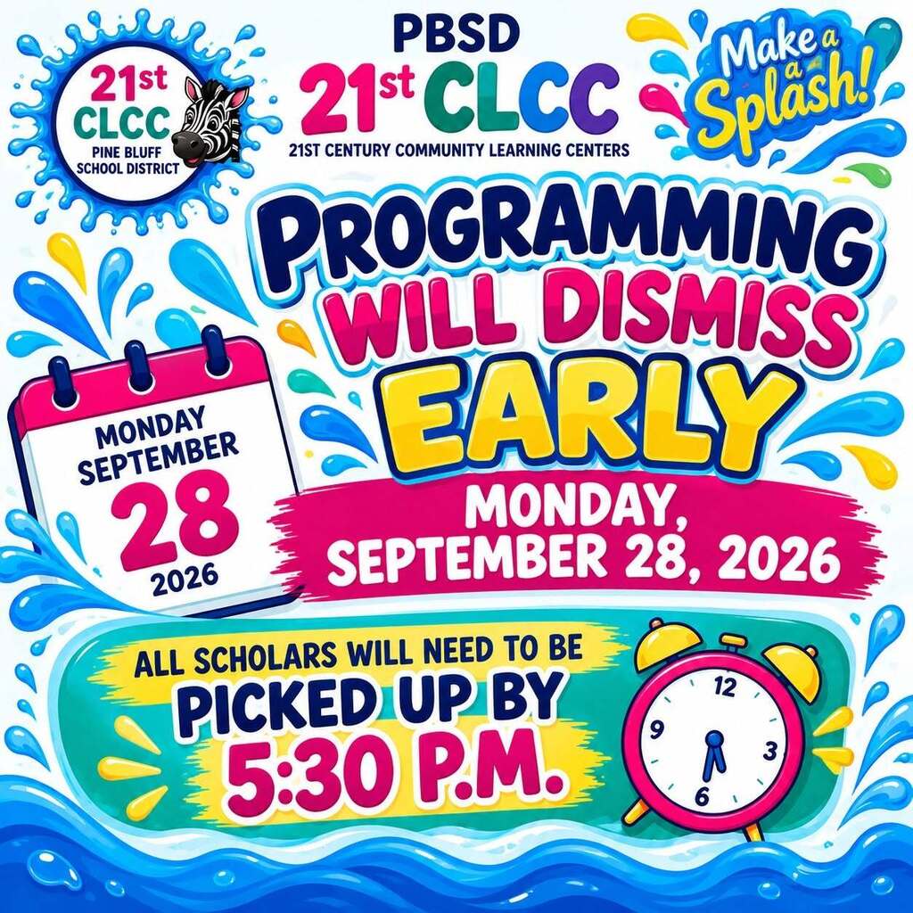 School district flyer with blue and white waves, an alarm clock, and text about early dismissal.