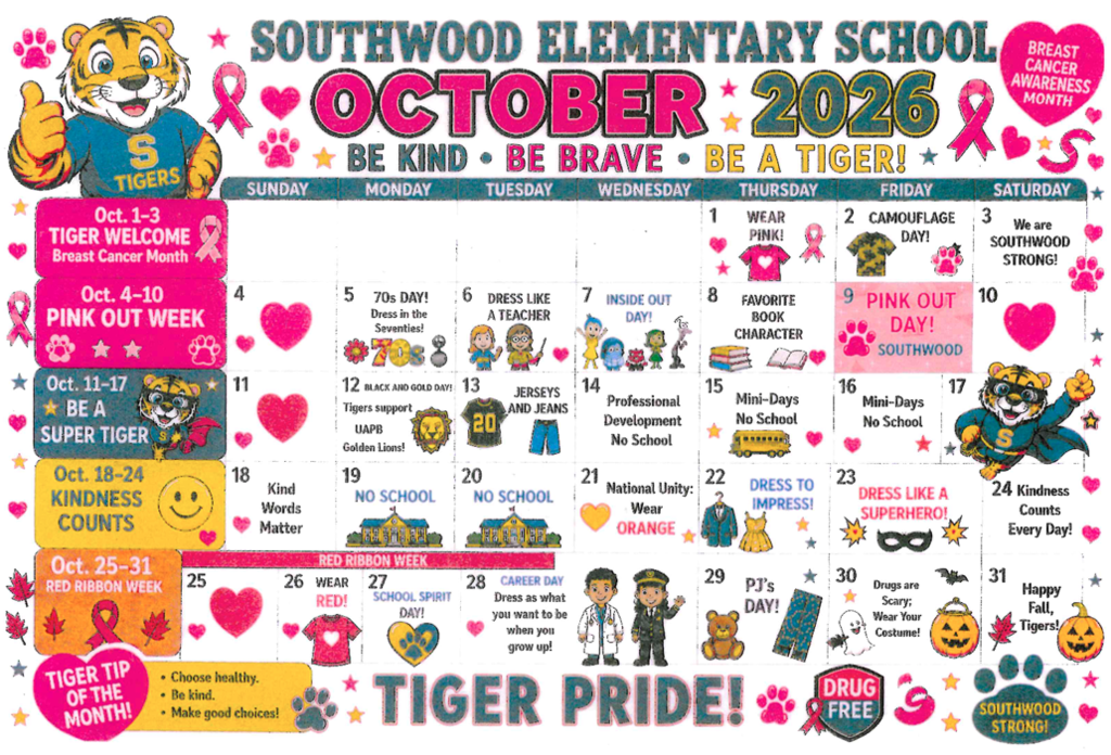 Calendar for October 2026. Pink ribbons and hearts. A tiger wearing a shirt with the letters "S" and "T".