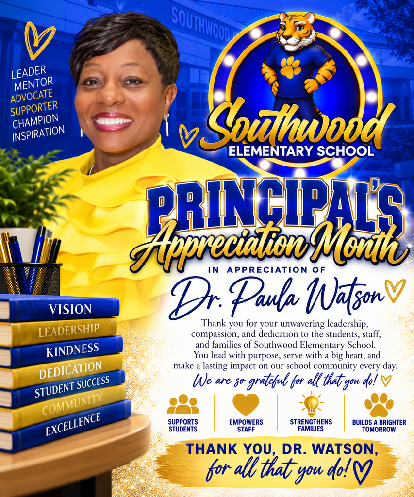 Poster shows a woman smiling with a blue background. It reads "Principals' Appreciation Month" and lists values.