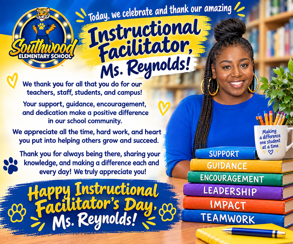 A poster honoring Ms. Reynolds, an instructional facilitator, shows her smiling. Behind her, books are stacked on a table, and a plant is in a mug.
