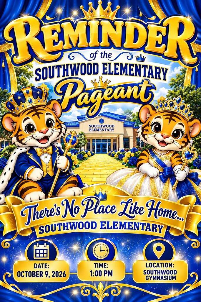 Poster with blue background promoting "REMINDER of the SOUTHWOOD ELEMENTARY PAGEANT". Two crowned tiger figures are seated. Text reads "There's No Place Like Home".
