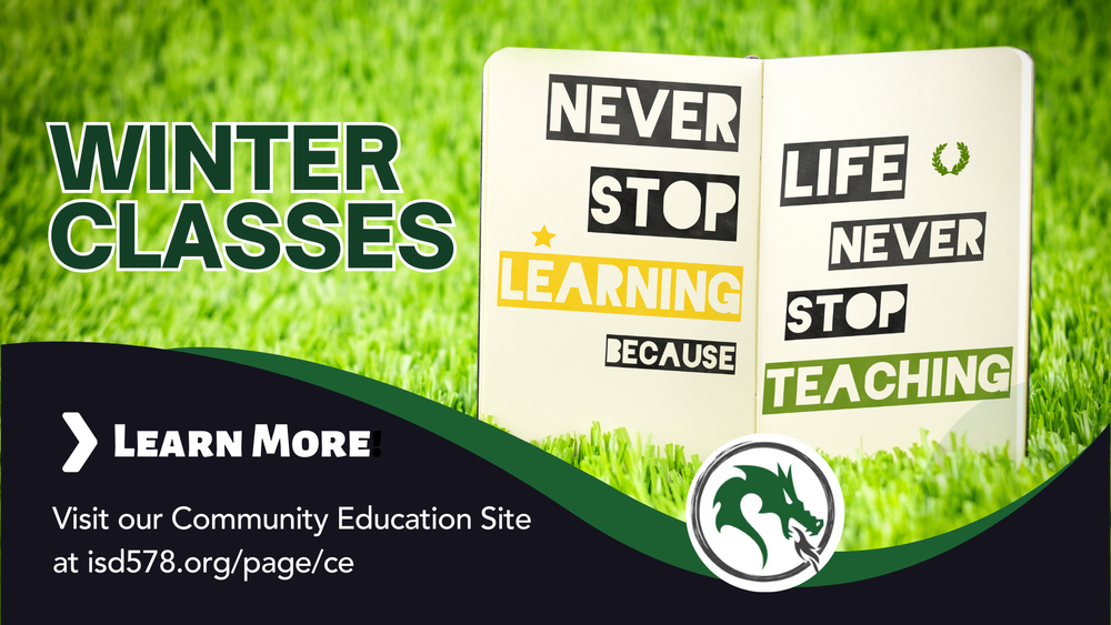 winter community ed class promotions with the Never Stop Learning book