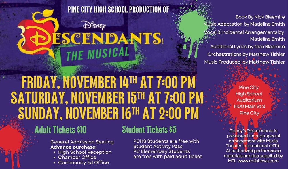 Promo flyer for Descendents fall musical in Pine City on November 14, 15 & 16