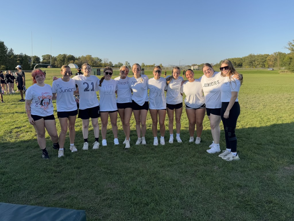 Junior girls in white shirts for Powderpuff football game at Homecoming 2025