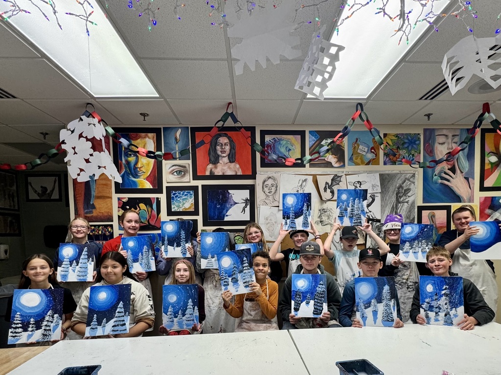 7th grade art class posing with their completed painting.