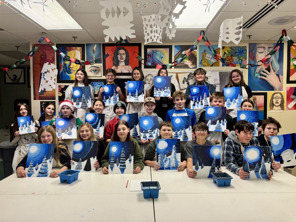 7th grade art class posing with their completed painting.