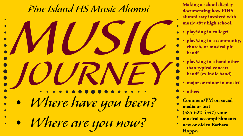 flyer requesting music alumni to contact the school