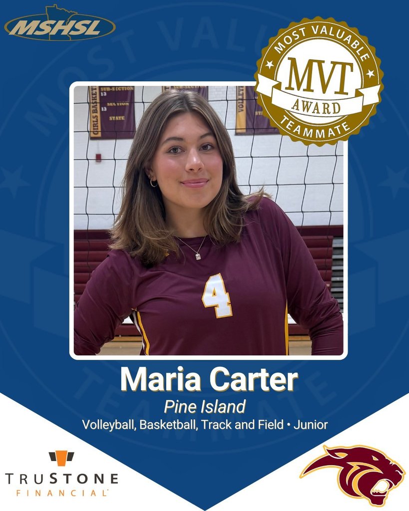 Congratulations to Maria Carter, who was nominated and chosen for the MSHSL Most Valuable Teammate award!  Here is what was listed on her nomination: Maria’s positivity and energy are contagious. Her encouragement of others, whether celebrating their successes or lifting them up after setbacks, shows her genuine care for her teammates. Maria doesn’t seek the spotlight; instead, she consistently puts the team first, making her a role model both on and off the court.