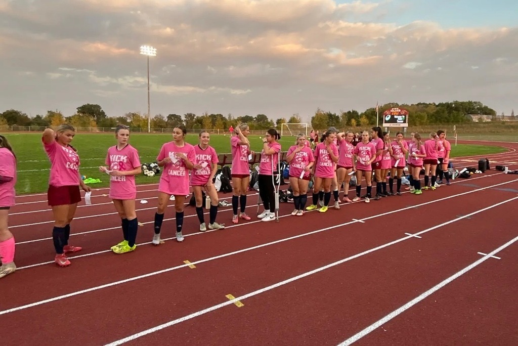 Tonight the PIZM Wildcats girls soccer team hosted Caledonia. To show their support, the varsity team sported their Kick Out Cancer shirts to help raise money for the cause!