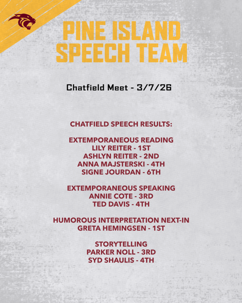 Congratulations to the Pine Island Speech team on a very successful meet at Chatfield!