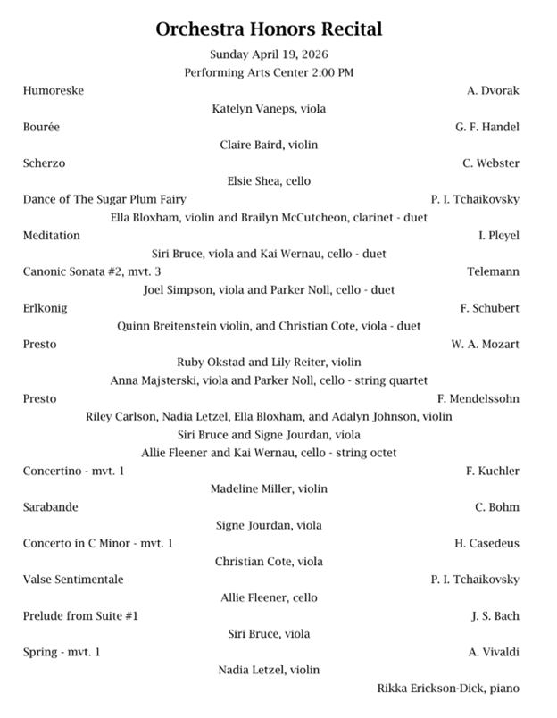 Here is a picture and a program from the outstanding High School Orchestra Honors recital yesterday.