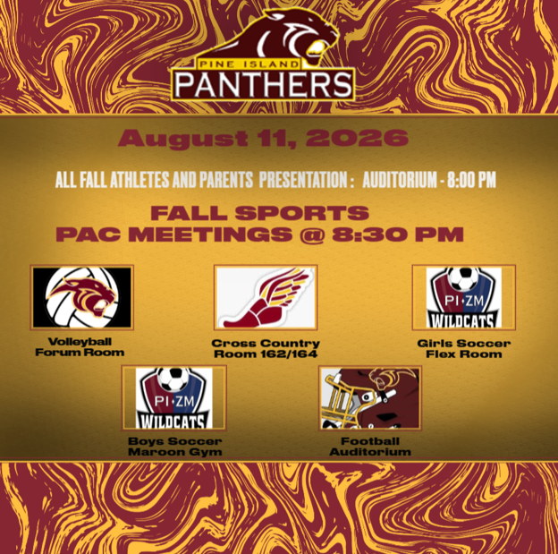 Important Update - PAC Meeting time Change Due to primary elections tomorrow, our Fall sports PAC meetings need to be bumped back. State law mandates that no school events can take place from 6:00-8:00 pm. Here is the new schedule. 8:00 pm: Mass PAC meeting in the Auditorium 8:30 pm: Individual sport PAC meetings